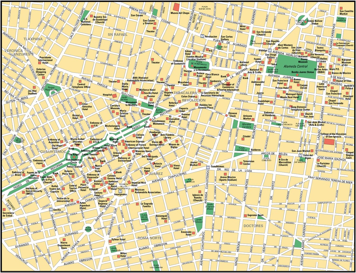Carte touristique des musées, lieux touristiques, sites touristiques, attractions et monuments de Mexico