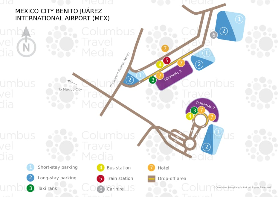 Carte du terminal et de l'aéroport international Benito Juárez de Mexico (MEX)